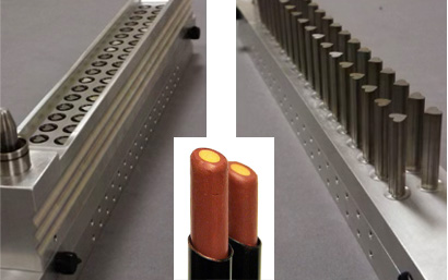 Molds for products with multiple colors. Center cores with shapes, split sticks, three colors are all possible